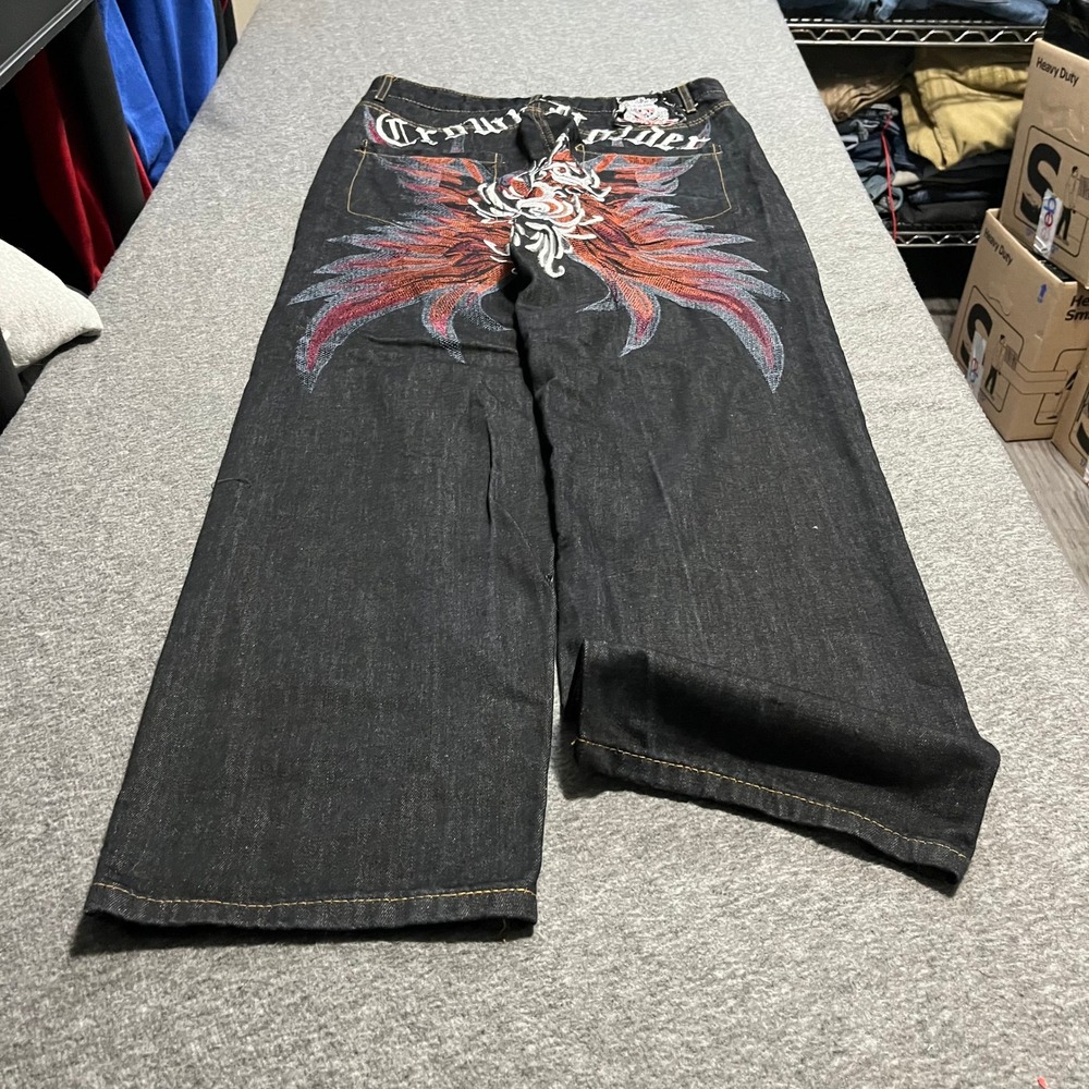 Crown Holder Mens Baggy Embroidered Jeans Black Red Y2K Streetwear 34x30